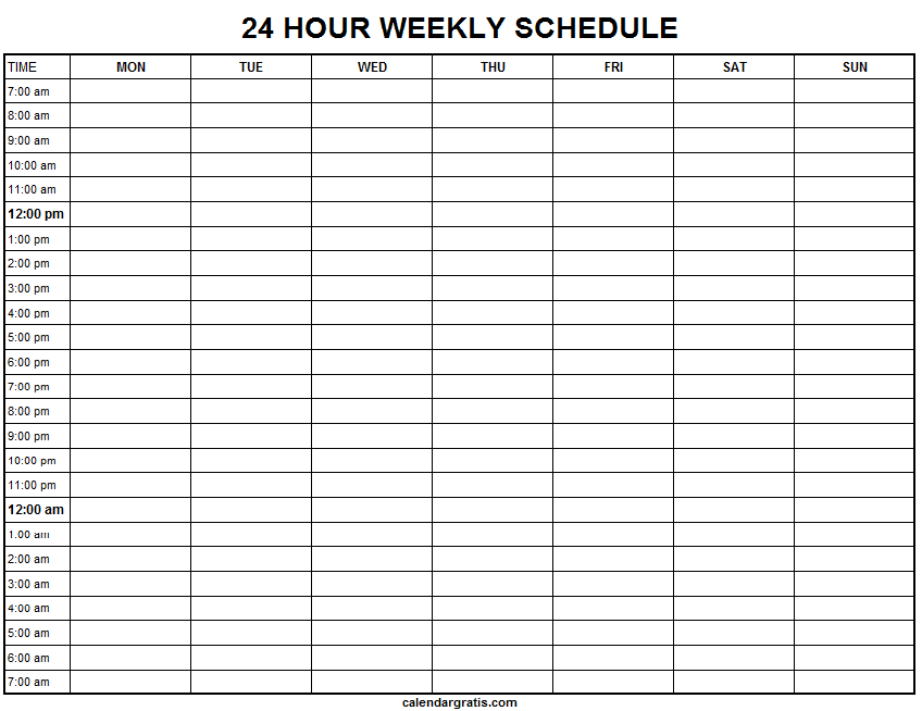 24 hour weekly schedule template printable