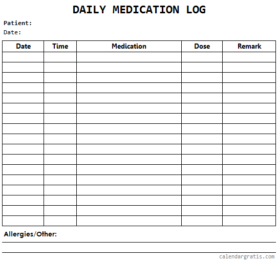 Daily medication chart printable template