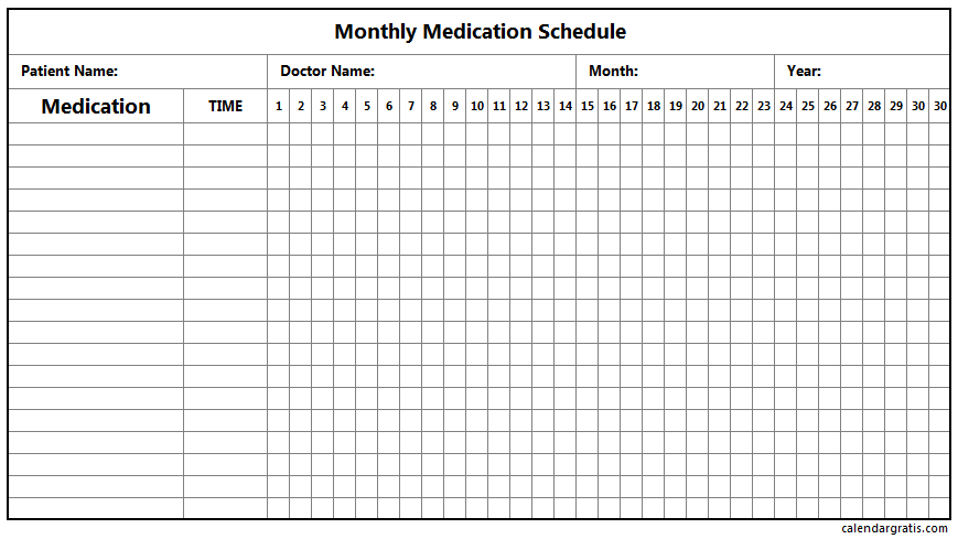 Monthly medication schedule template printable