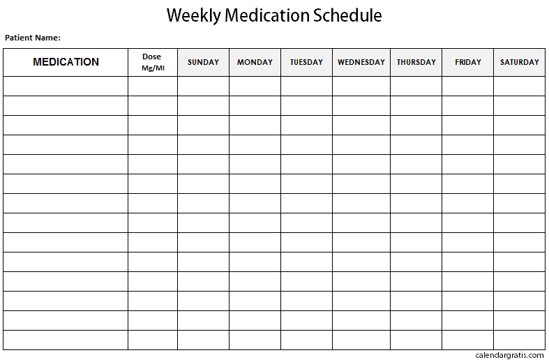 Free Printable Weekly Medication Chart