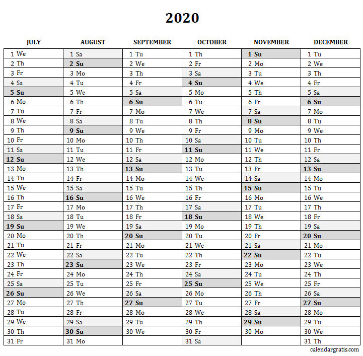 July to December 2020 Printable Calendar