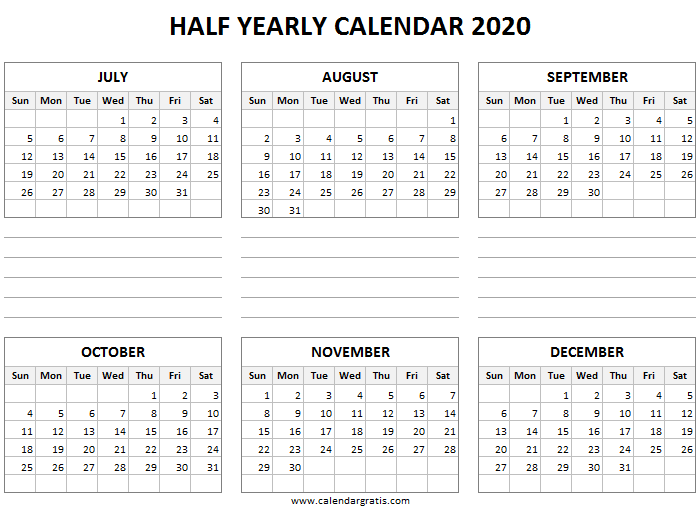 July to December calendar 2020 with notes