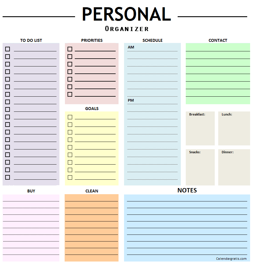 Personal organizer planner template