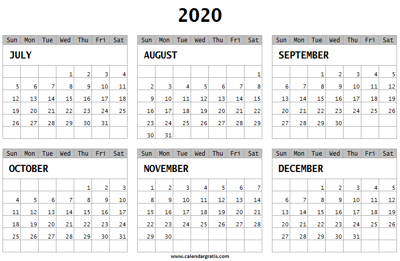 Half Yearly Calendar 2020 July to December Printable Calendar Template