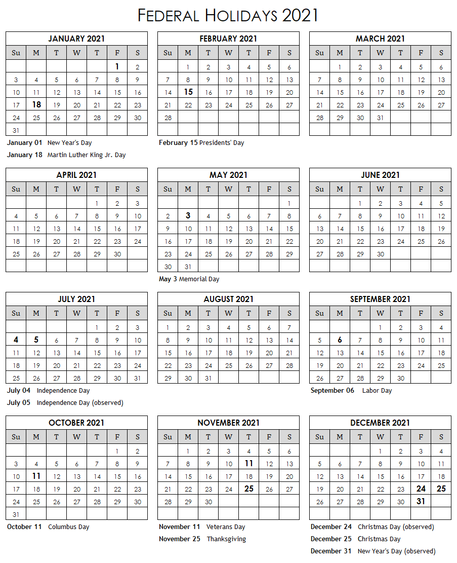 Calendar 2021 Template with Federal Holidays
