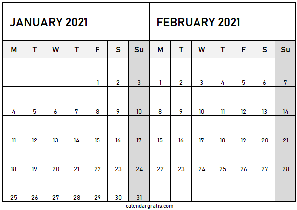 January February 2021 calendar template