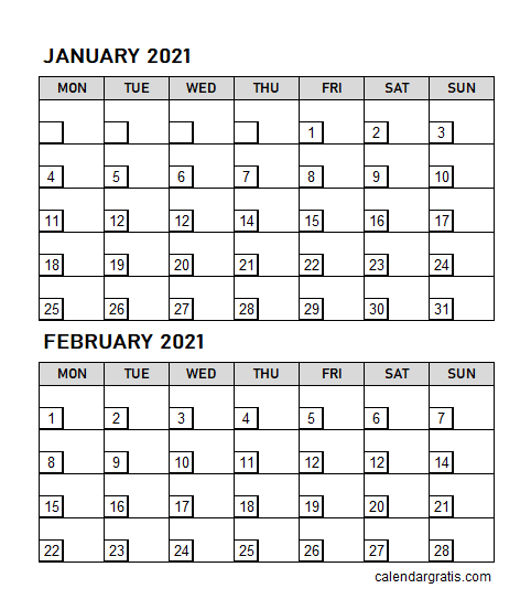 Two month calendar January February 2021
