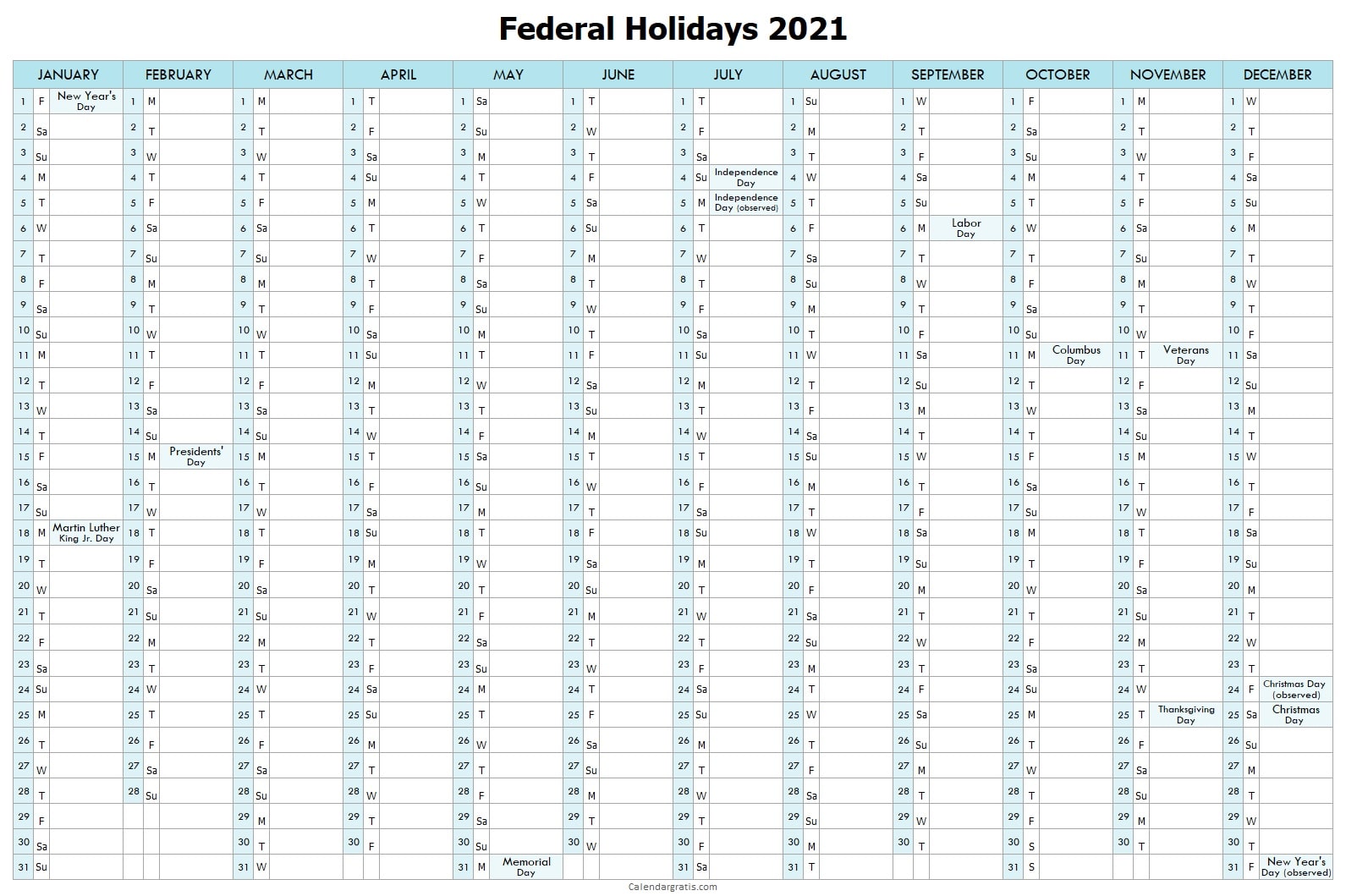 USA Federal Holidays 2021 Calendar