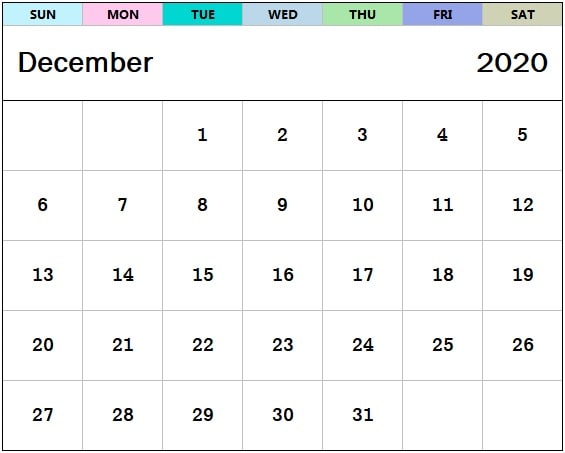 Cute December 2020 calendar template