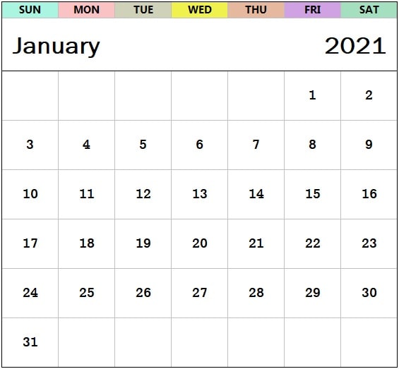 Cute January 2021 calendar template