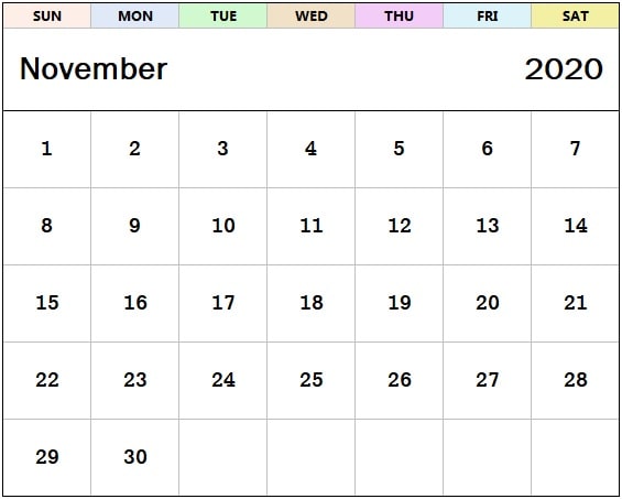 Cute November 2020 calendar template