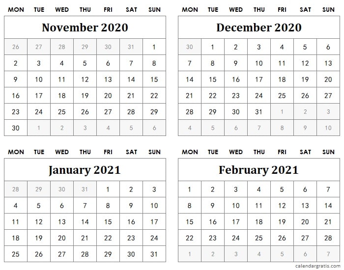 November December 2020 January February 2021 calendar printable