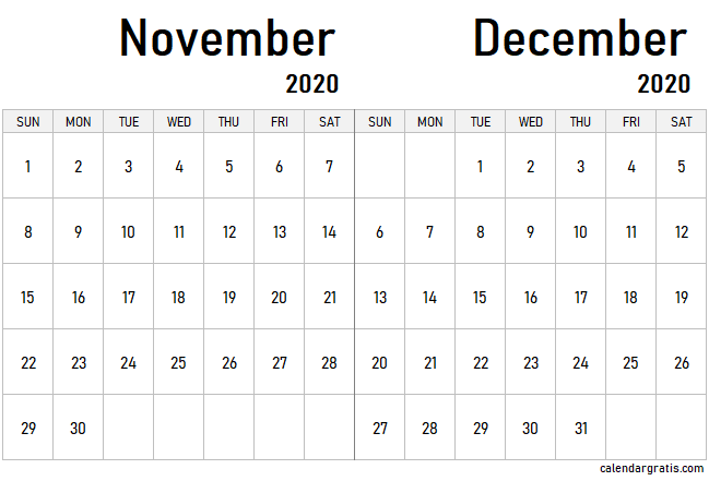 November December 2020 Sunday start calendar