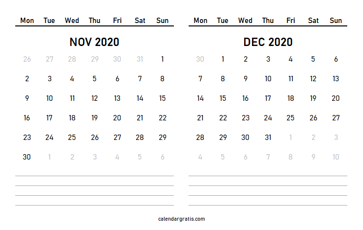 November December 2020 calendar with notes