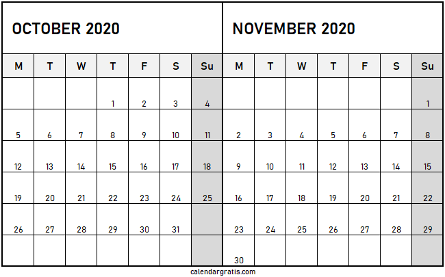 October November 2020 Monday start calendar