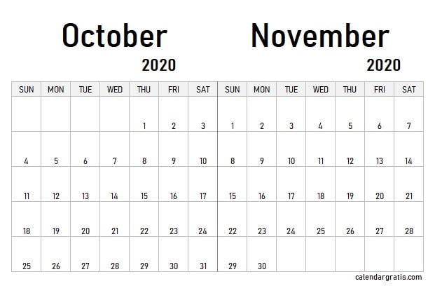 October November 2020 calendar template