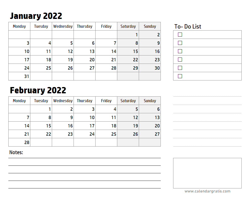 Printable Calendar January February 2022 Template with Notes