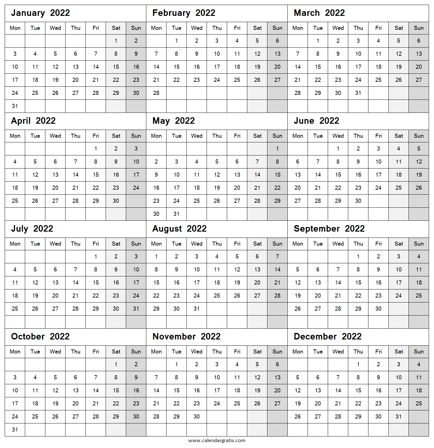 Free printable 2022 calendar template