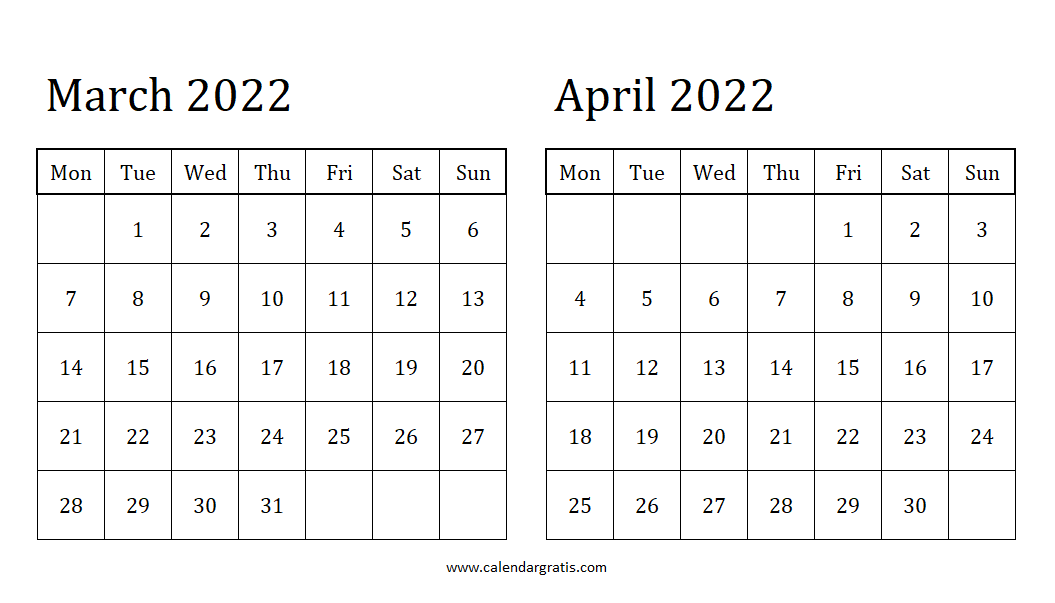March April 2022 Printable Calendar Monday Start