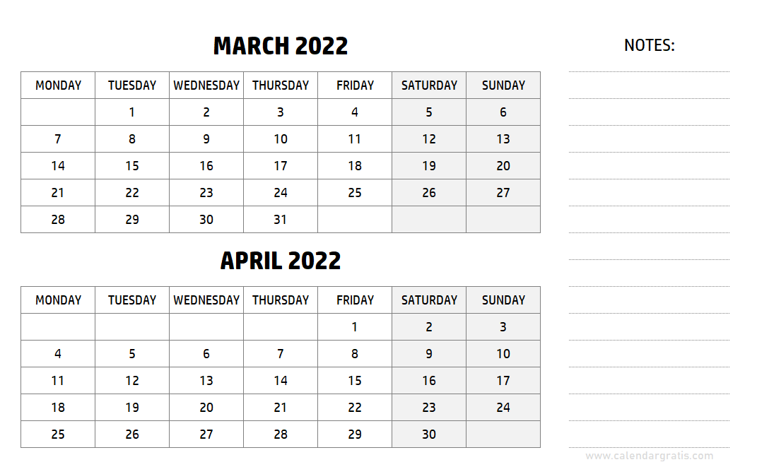 March and April 2022 Calendar Template with Notes