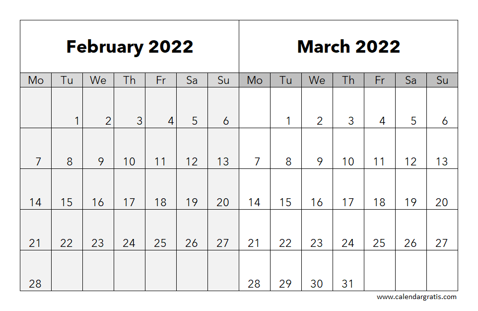 Printable February March 2022 Calendar Monday Start