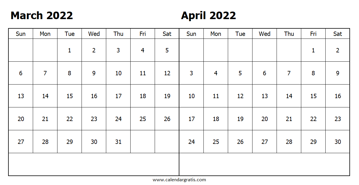 Two Month Calendar March and April 2022 Template