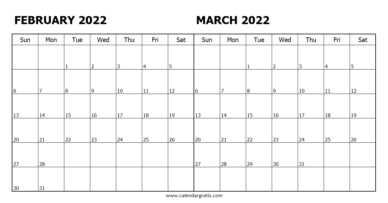 Two month February March 2022 printable calendar template