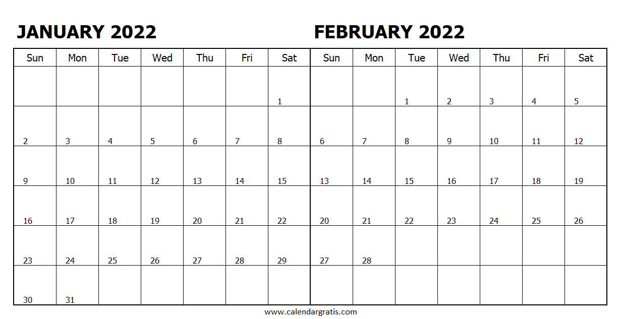 Two month calendar January February 2022