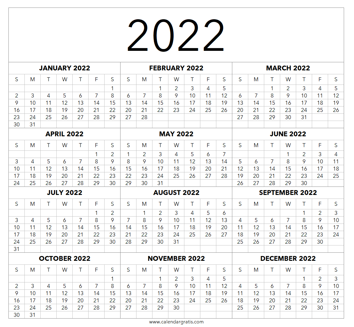 Year 2022 calendar printable template