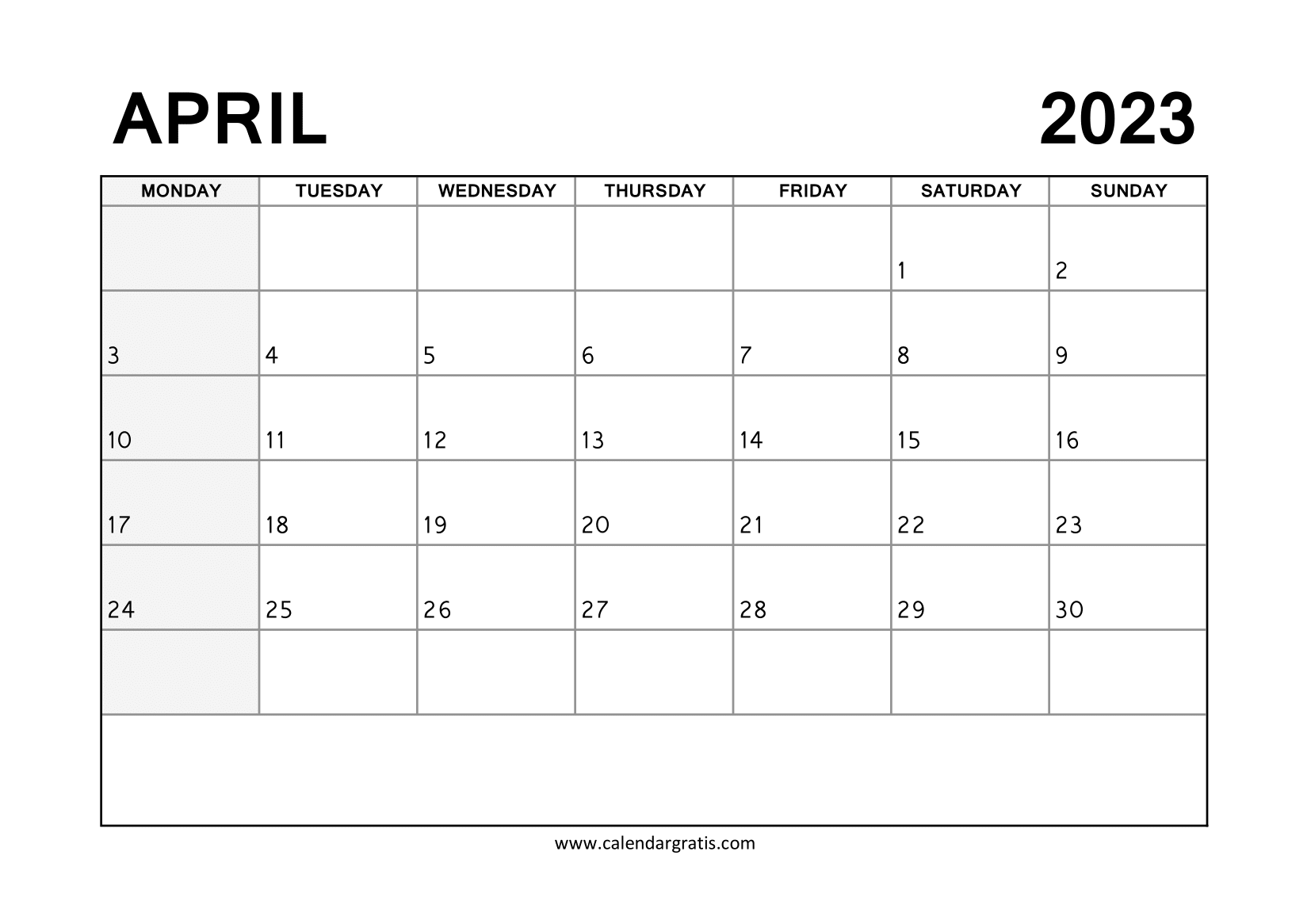 Free Printable April 2023 Calendar Monday to Sunday with Notes and Monday Highlight.