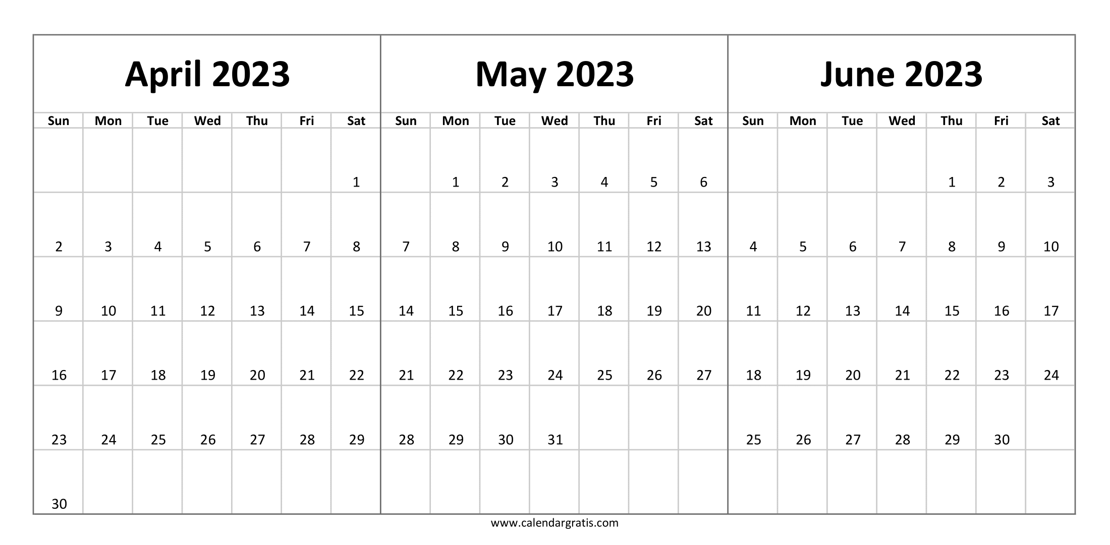 Three-month calendar April May June 2023 in Landscape format, horizontal layout template