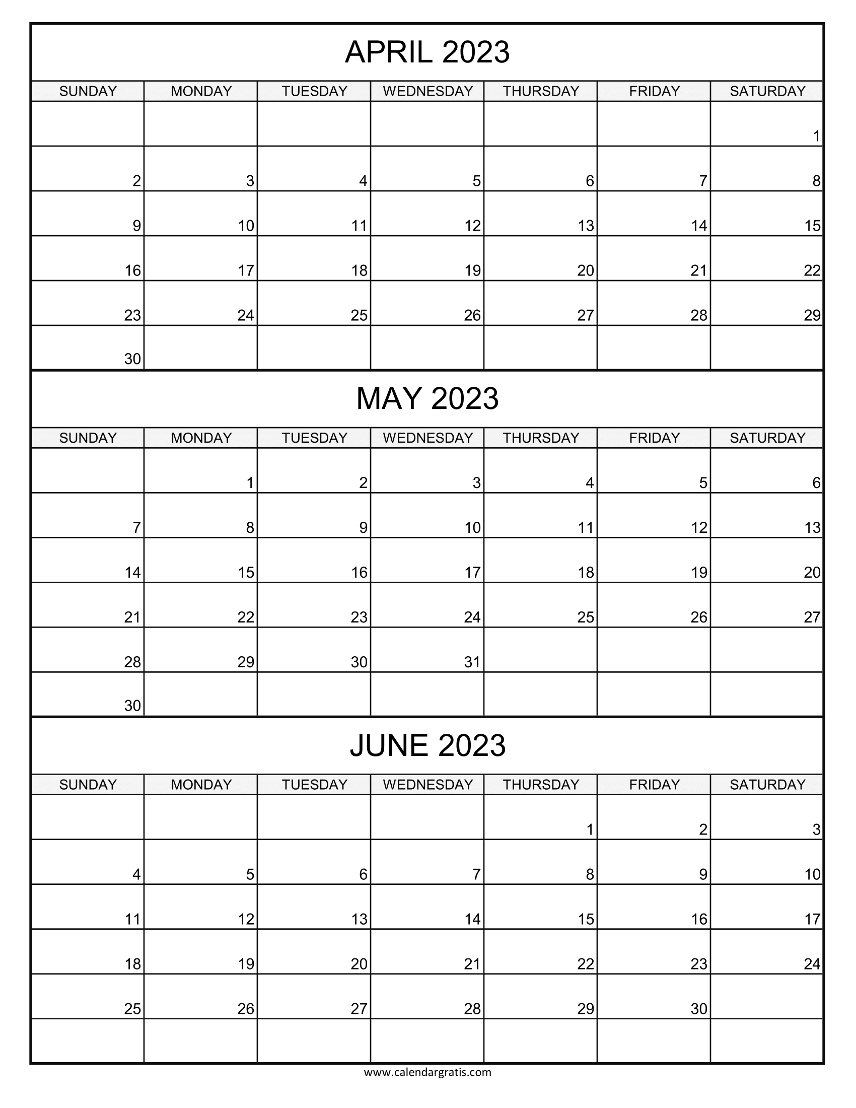 Three-month printable calendar April May June 2023 in Portrait Layout, vertical format, planner template.