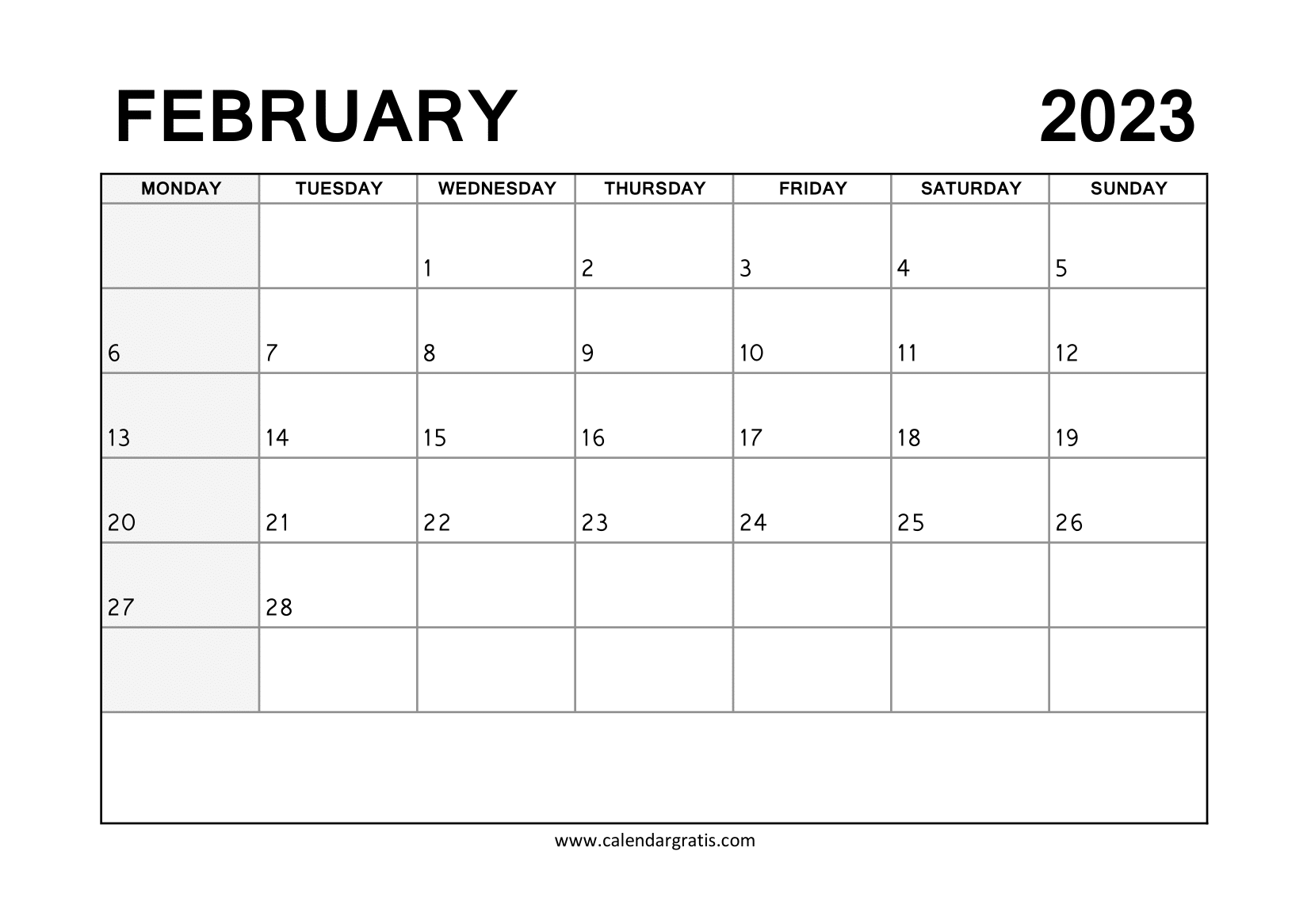 Free Printable February 2023 Calendar Monday to Sunday with Notes and Weekend Highlight.