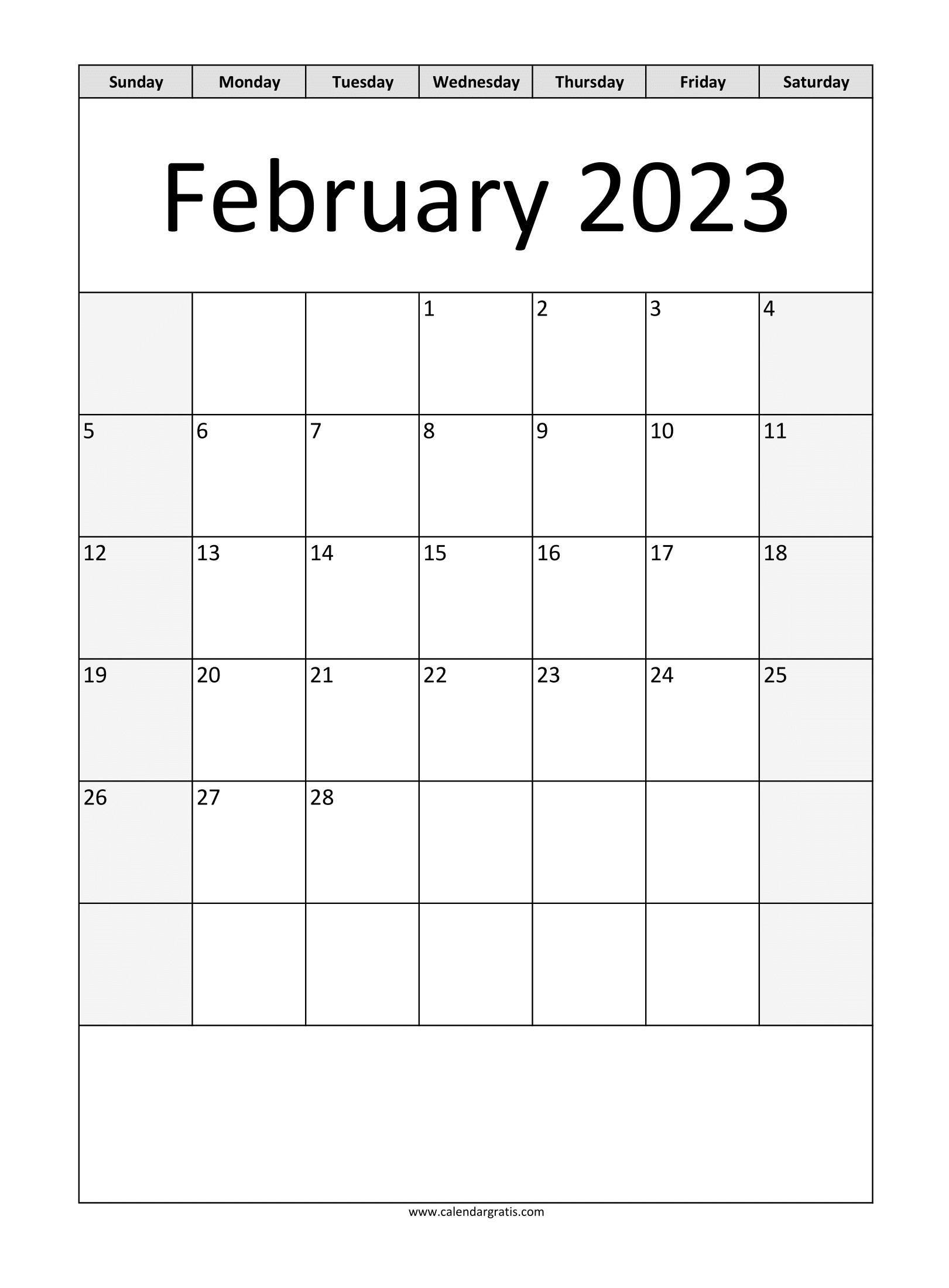 Print free February 2023 A4 size vertical calendar template. Mark special dates and add festivals and events in the notes section.