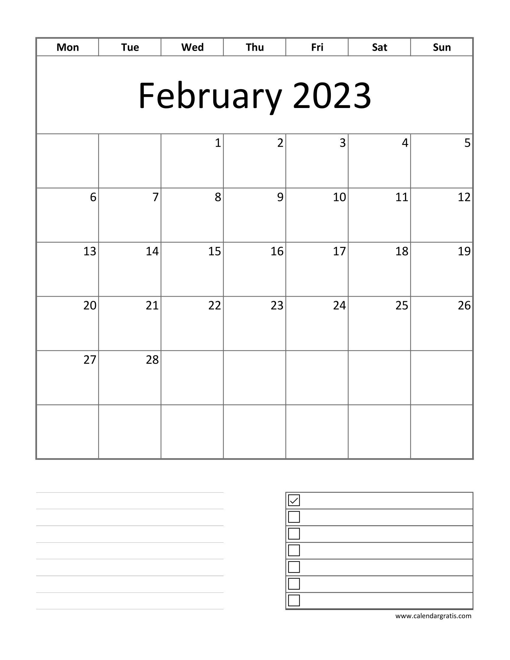 Printable Monday start calendar for February 2023 with notes and to-do list.