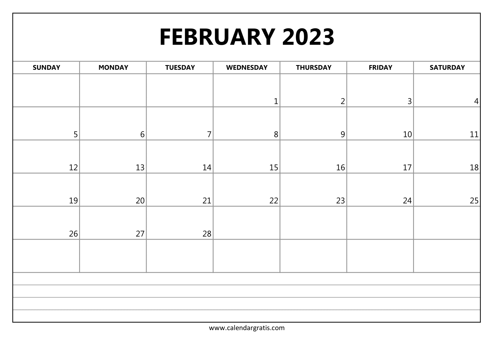 Free Printable February 2023 calendar with notes section to print. Downloadable template for students and teachers.