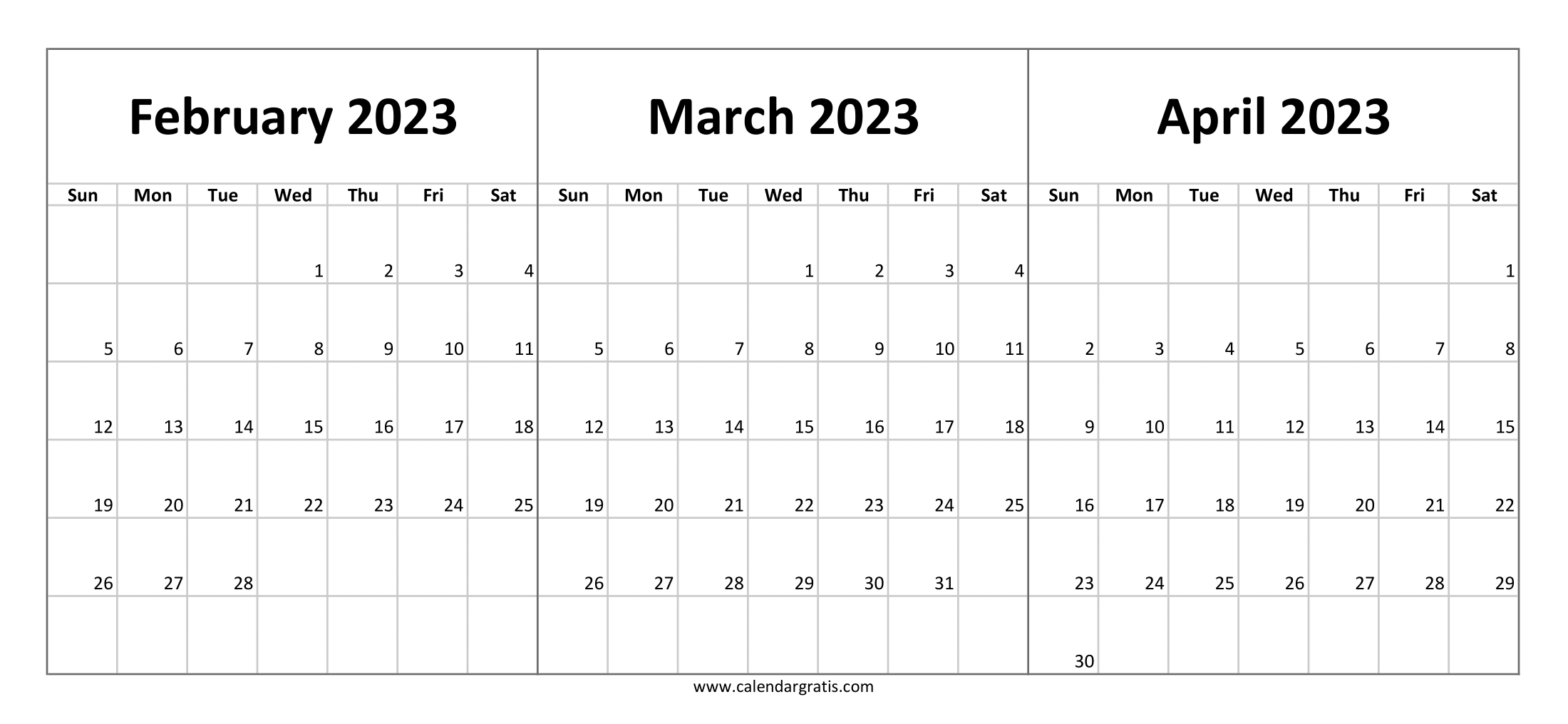 Three-month calendar February March April 2023 in Landscape format. Free calendar template, black and white, simple layout.