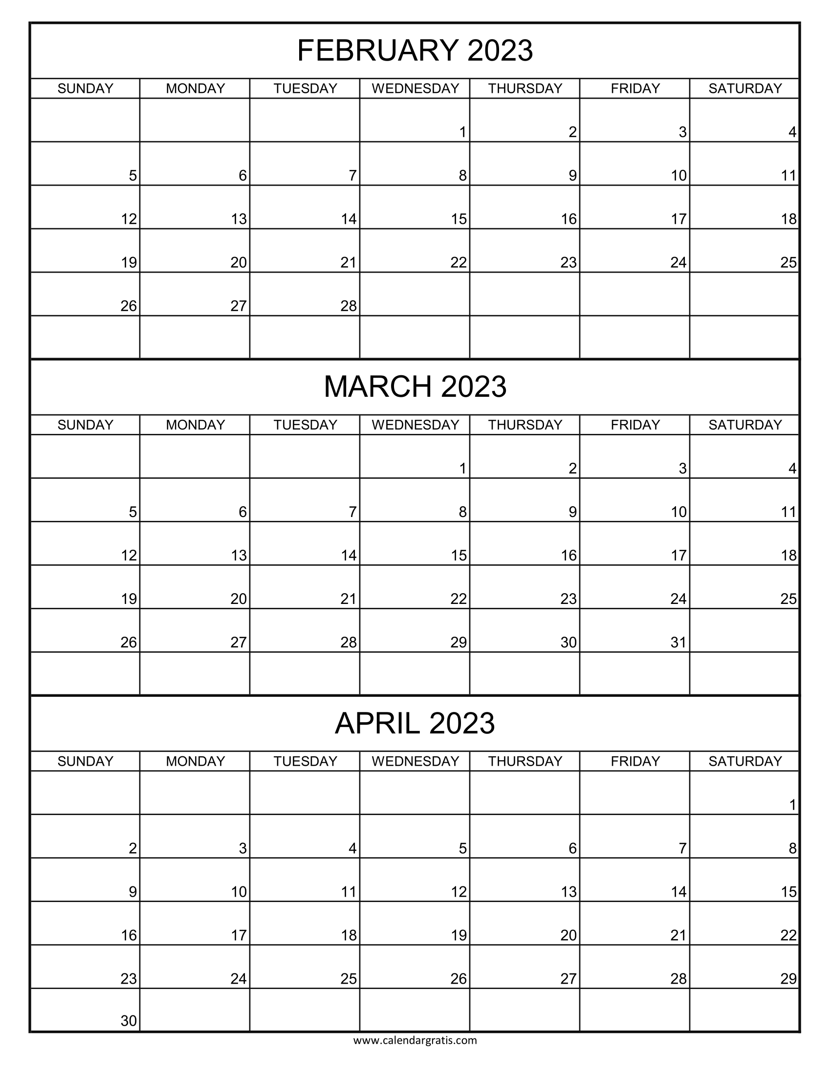 Three-month printable calendar February March April 2023 in Portrait Layout, vertical format, planner template.