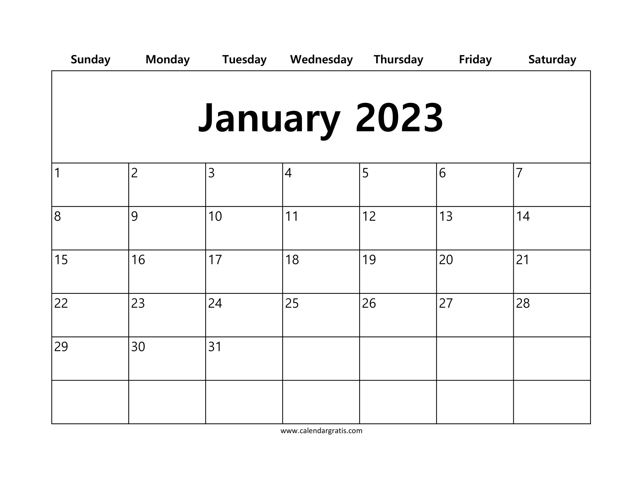 Free printable January 2023 calendar with simple white background layout.