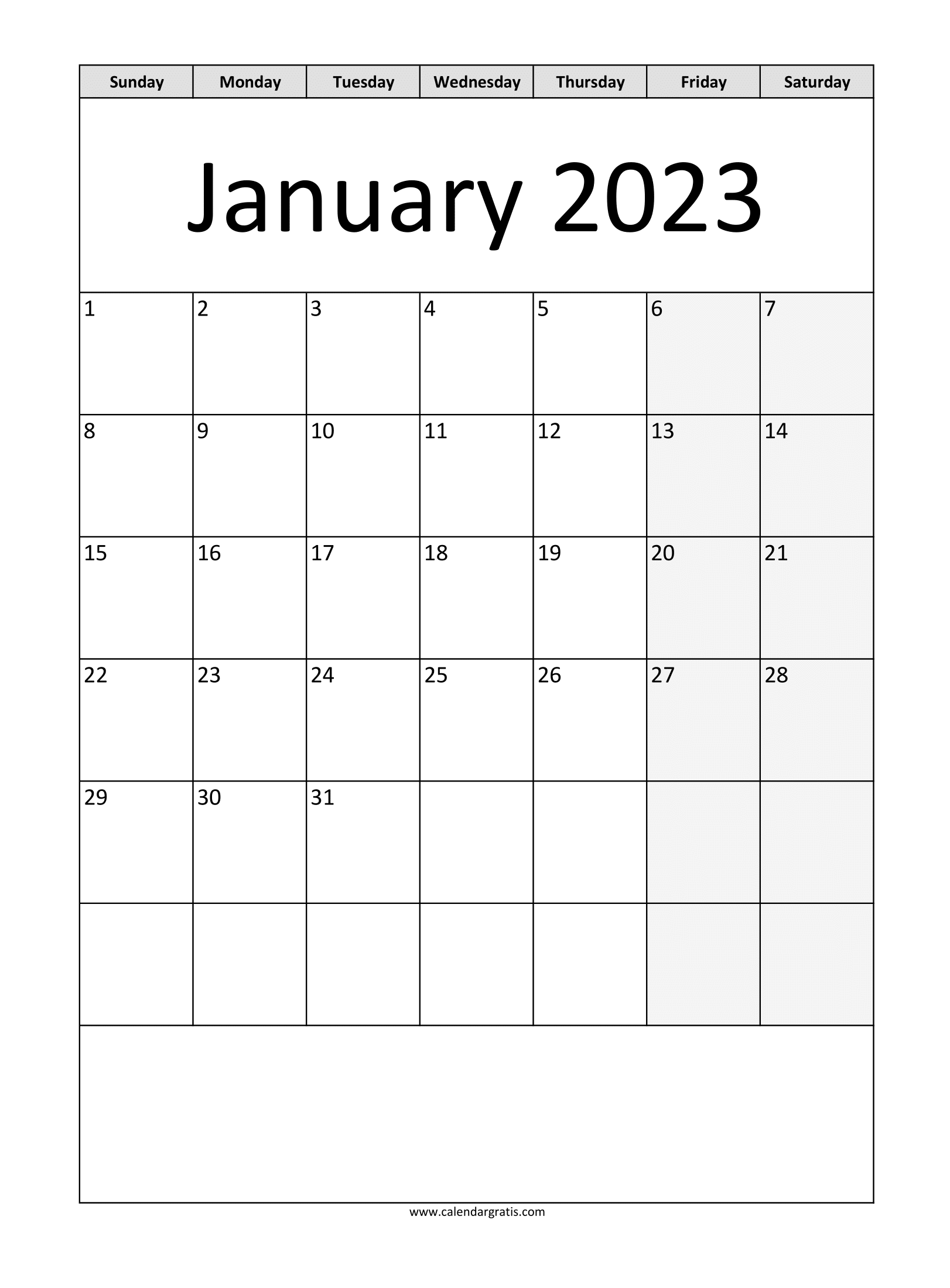 Print free January 2023 A4 size vertical calendar template. Mark special dates and add festivals and events in the notes section.
