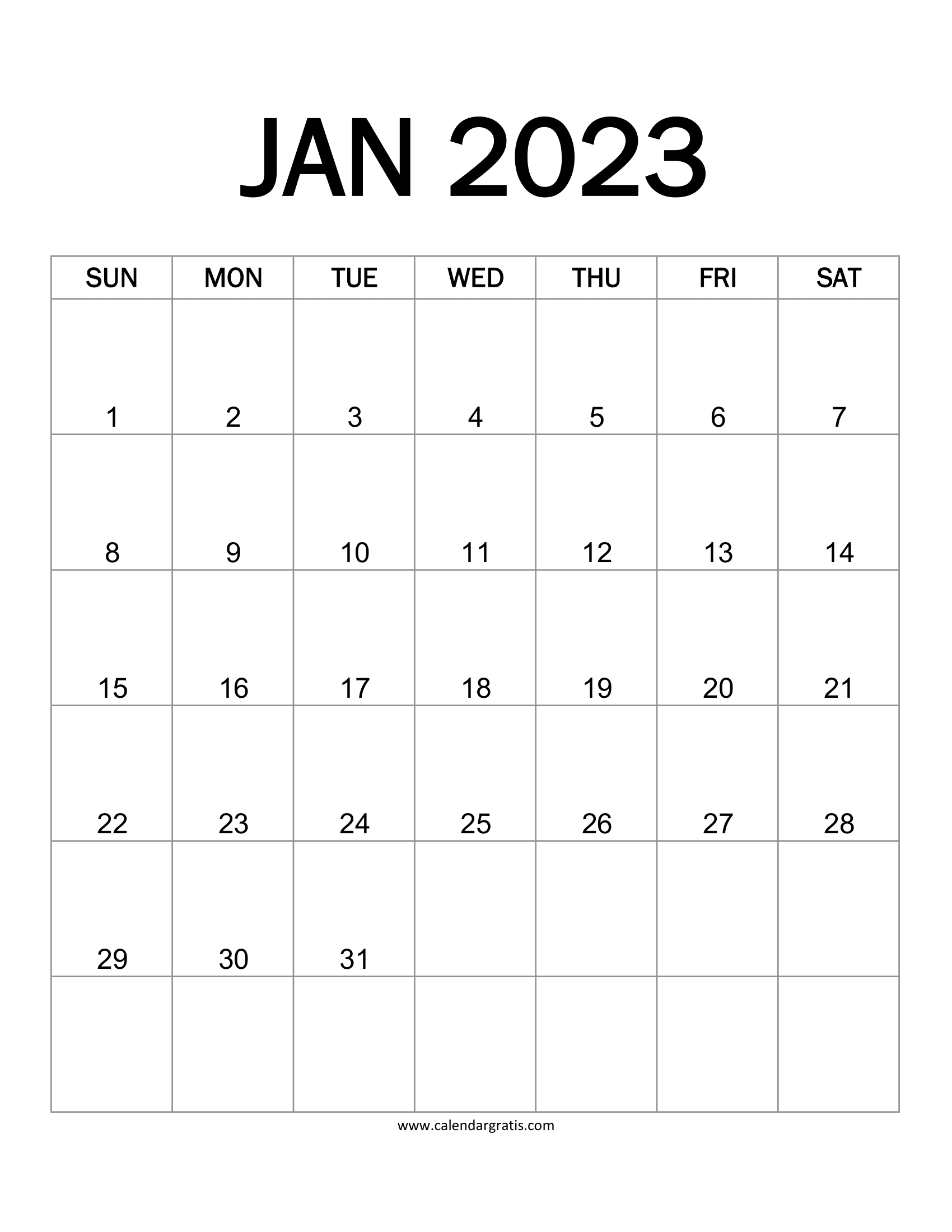 January 2023 Vertical Calendar Printable with Center Aligned Dates.