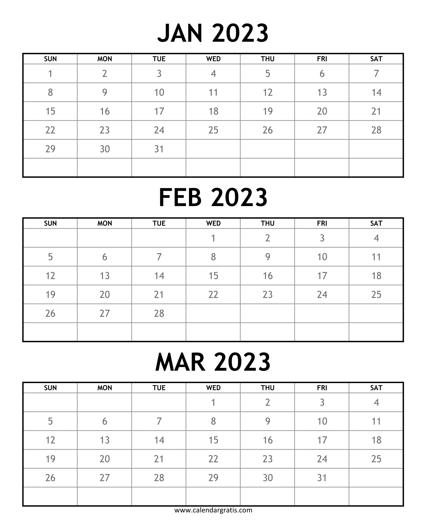 January to March 2023 Calendar printable template with simple white background layout.