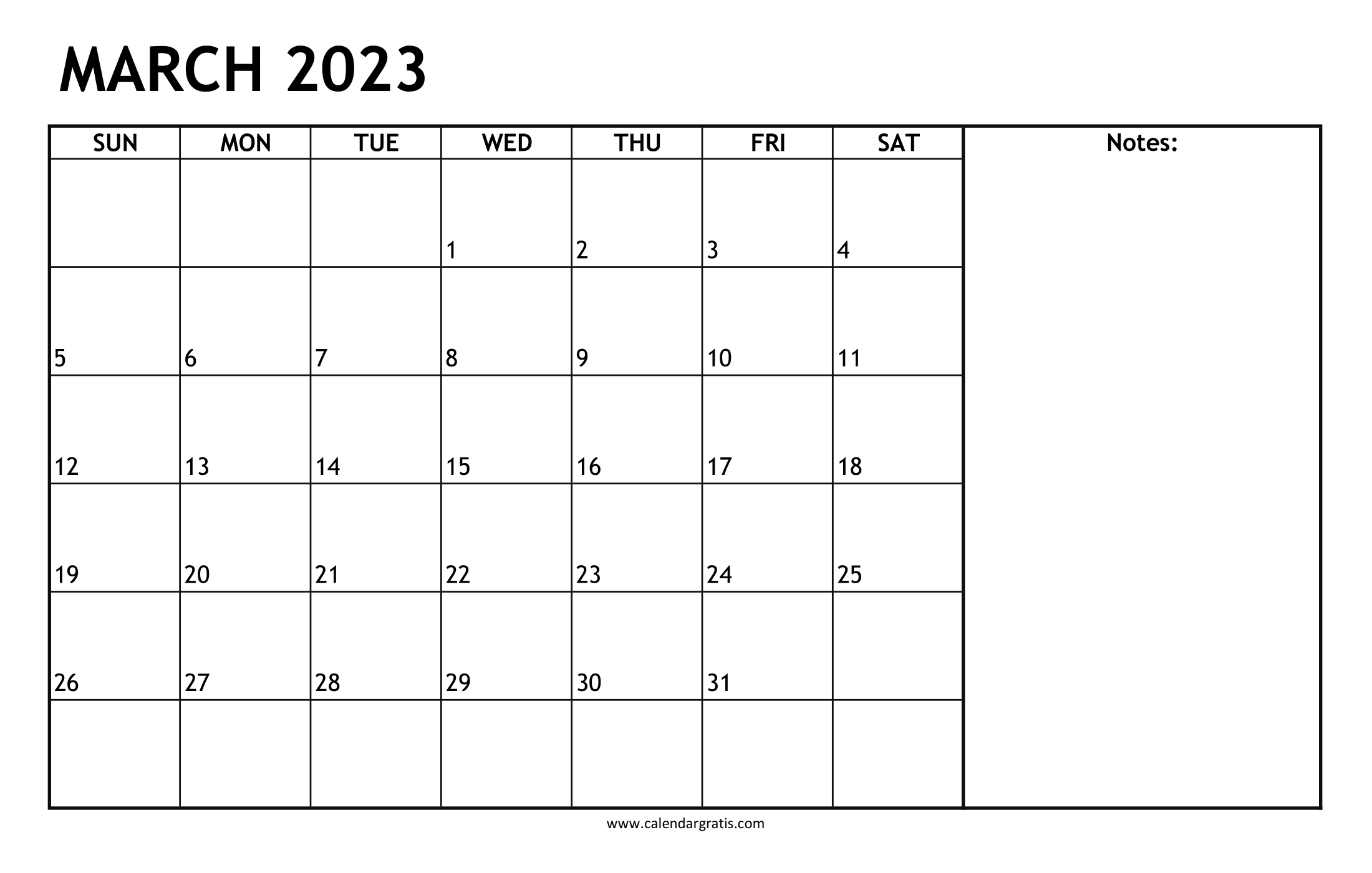 Printable March 2023 Calendar Template with Notes Section. Mark Dates for upcoming festivals, monthly appointments, meetings, birthdays, and anniversaries.