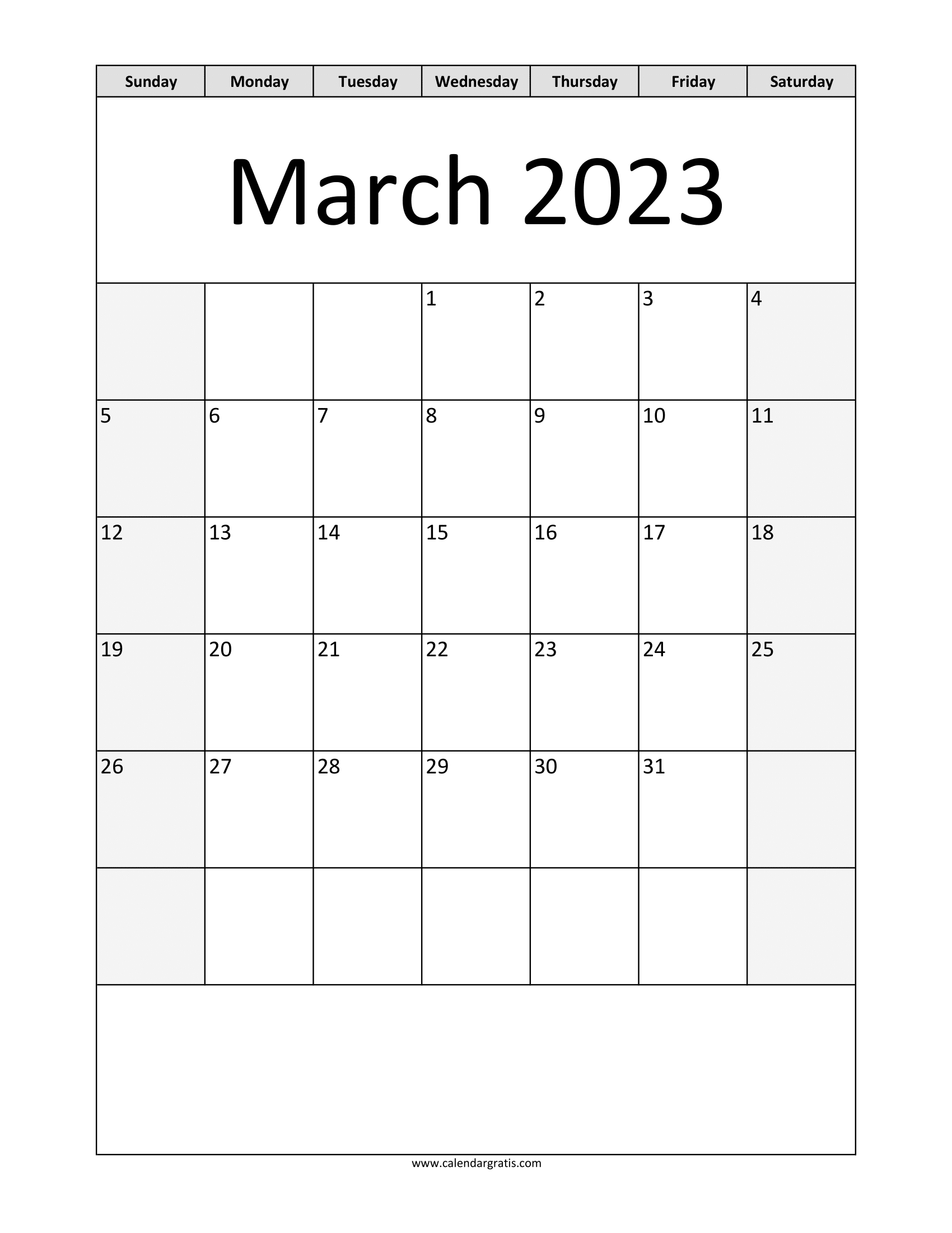 Print Free March 2023 A4 size vertical calendar template with the notes section. Mark special dates, and add festivals and events.