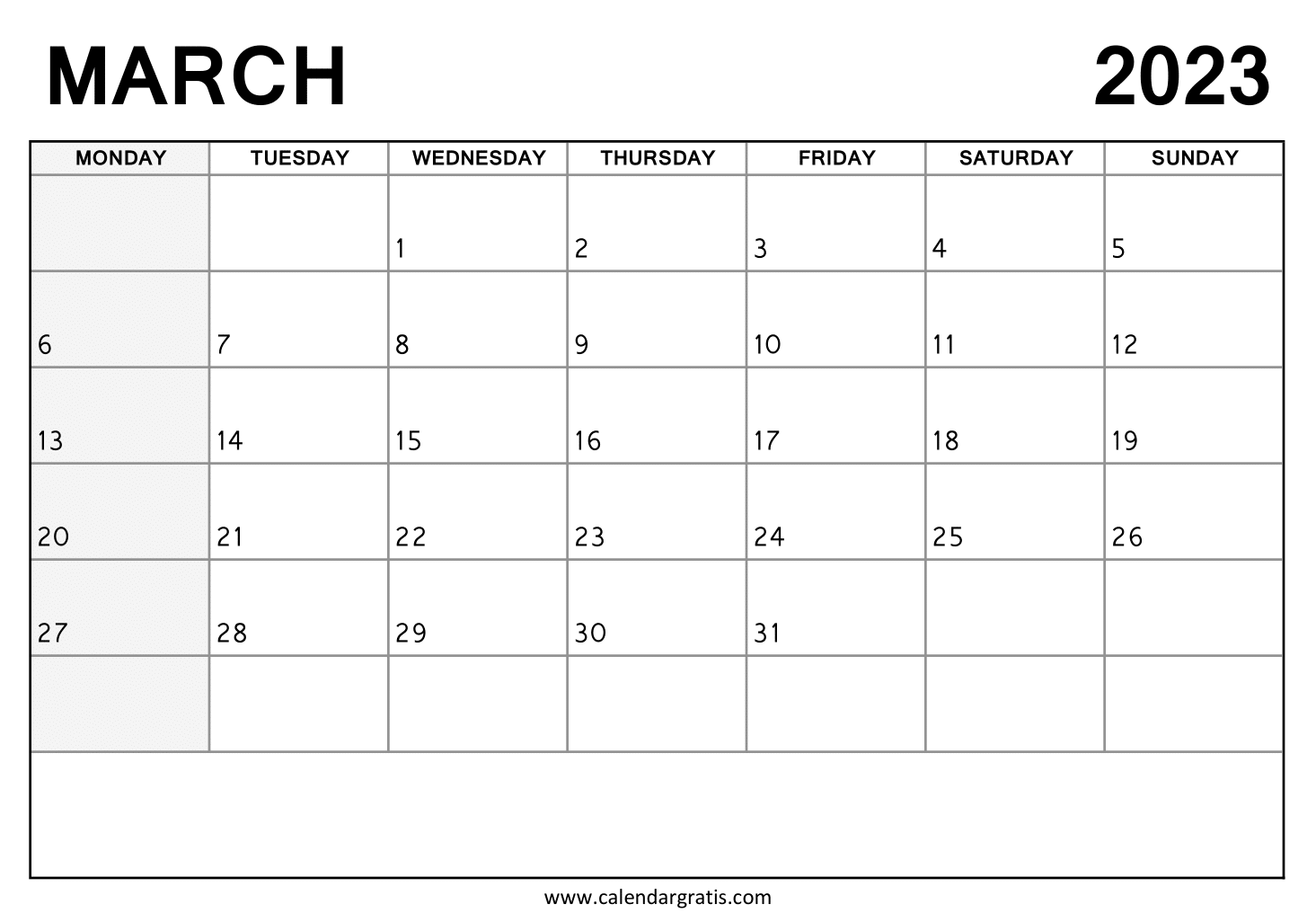 Free Printable March 2023 Calendar Monday to Sunday with Notes and Monday Highlight.
