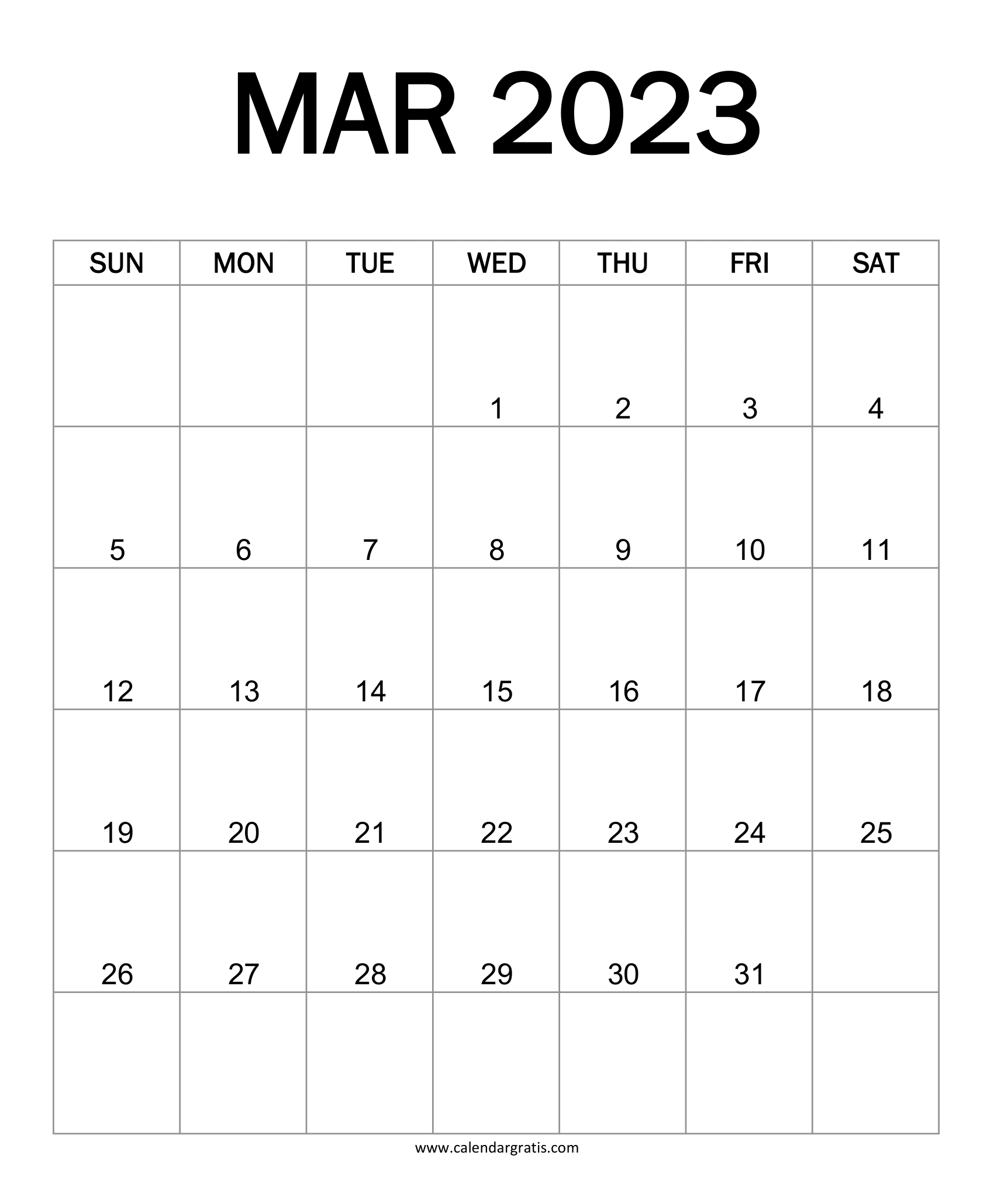 Printable March 2023 Vertical Calendar with Centre Aligned Dates, Portrait Layout, Downloadable Monthly Calendar Template.