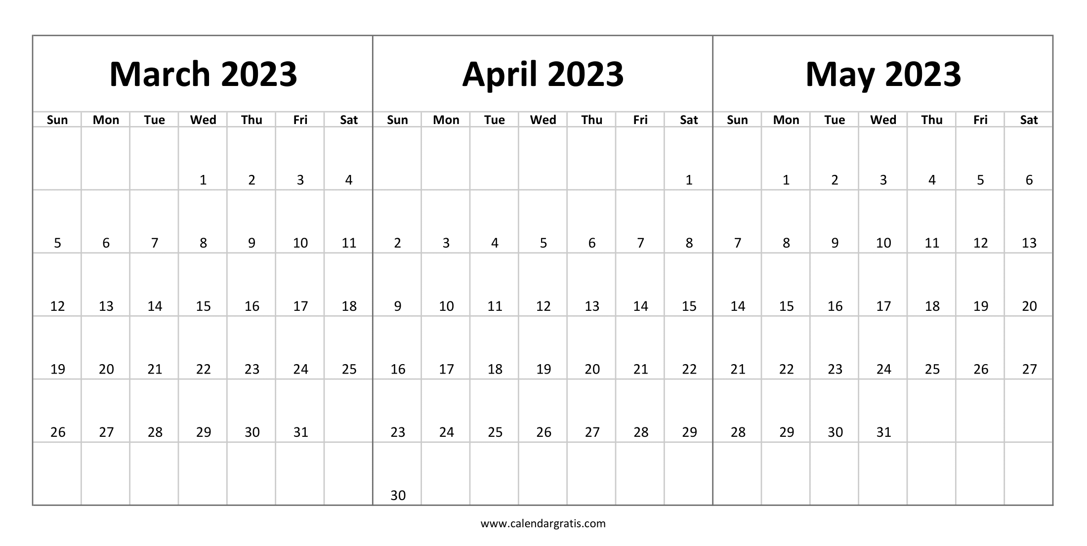 Three-month calendar March April May 2023 in Landscape format, horizontal layout template