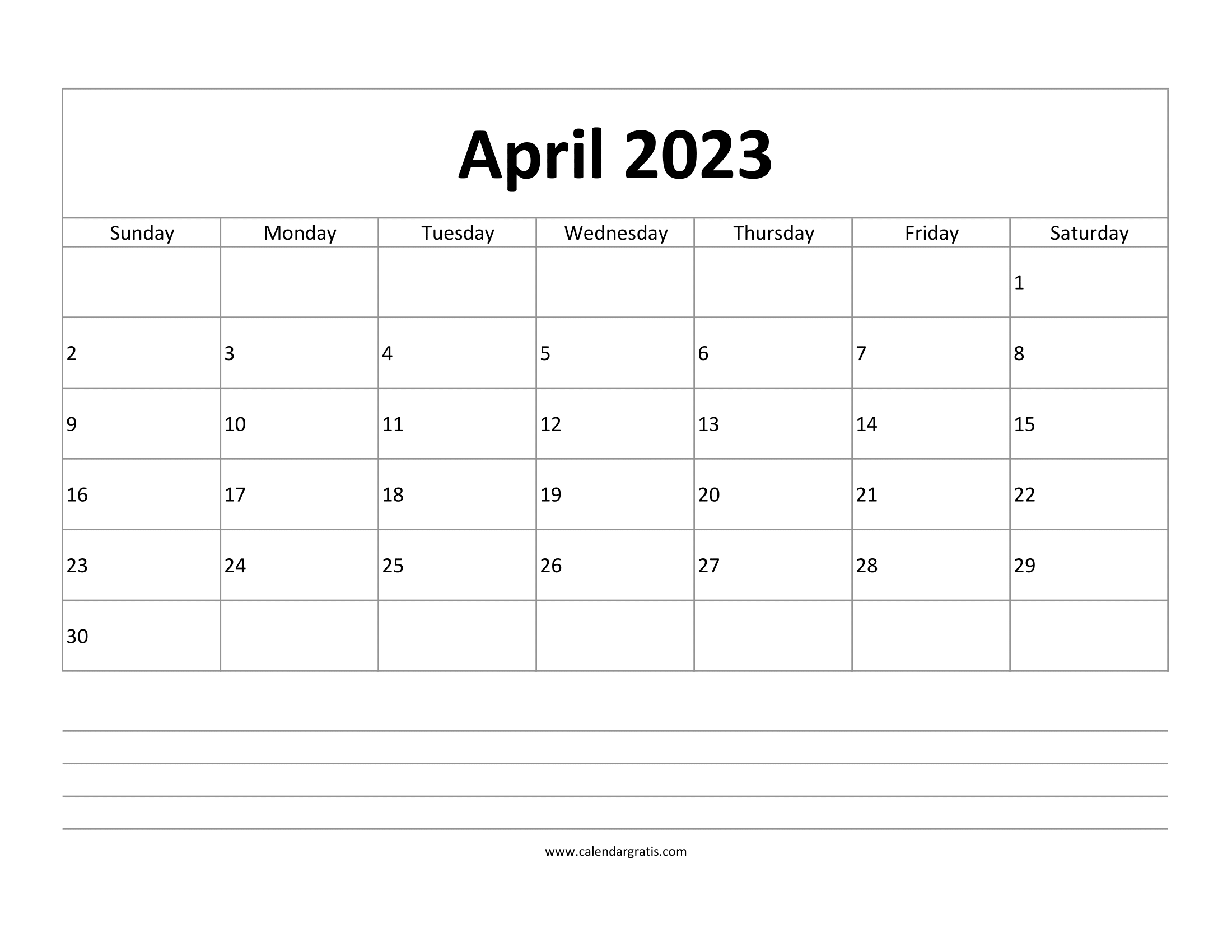 Free printable April 2023 calendar with notes, lines, to-do list, and monthly goal planner.