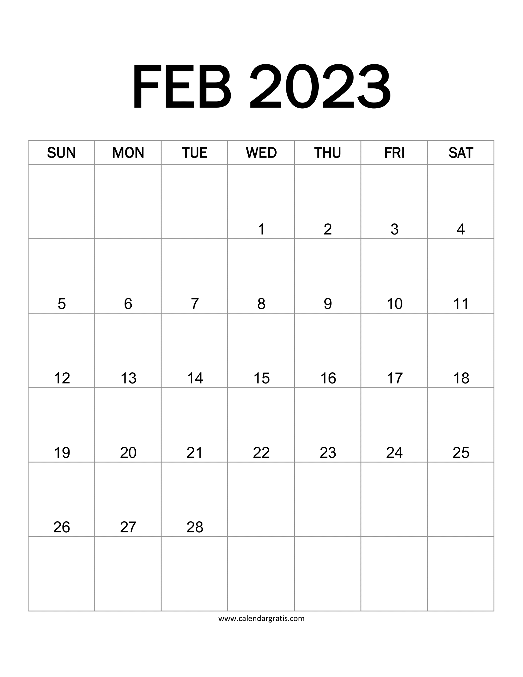 Printable February 2023 Vertical Calendar with Center Aligned Dates.