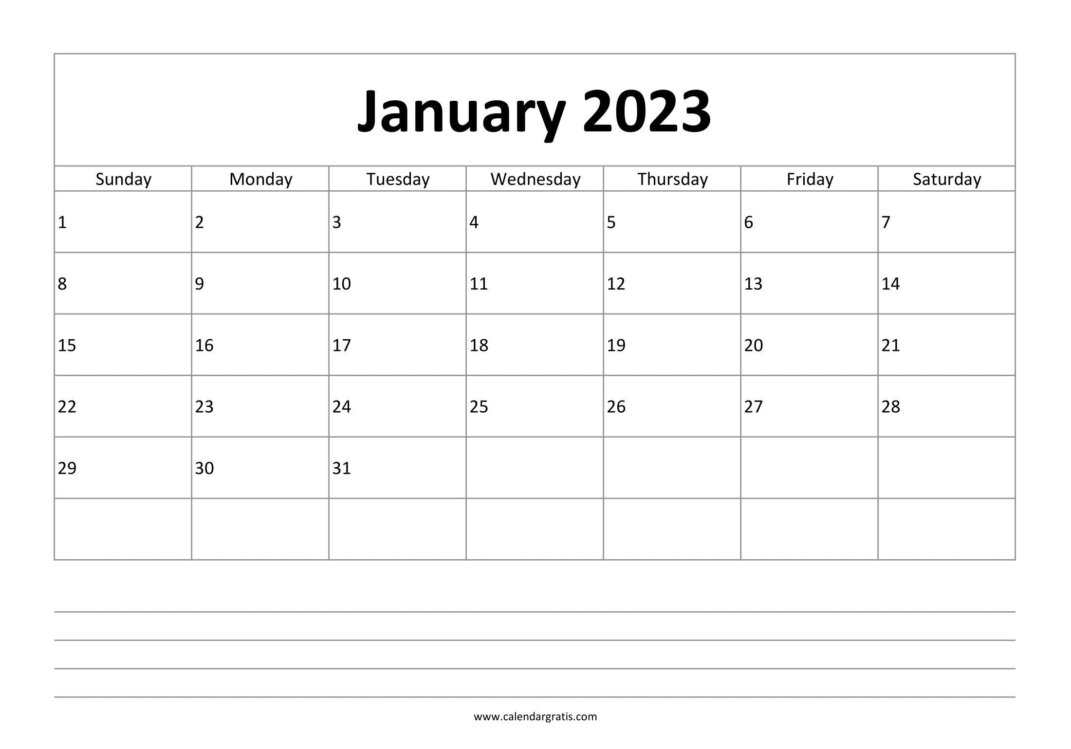 Free printable January 2023 calendar for making important notes. Create monthly to-do lists and manage all your activities.